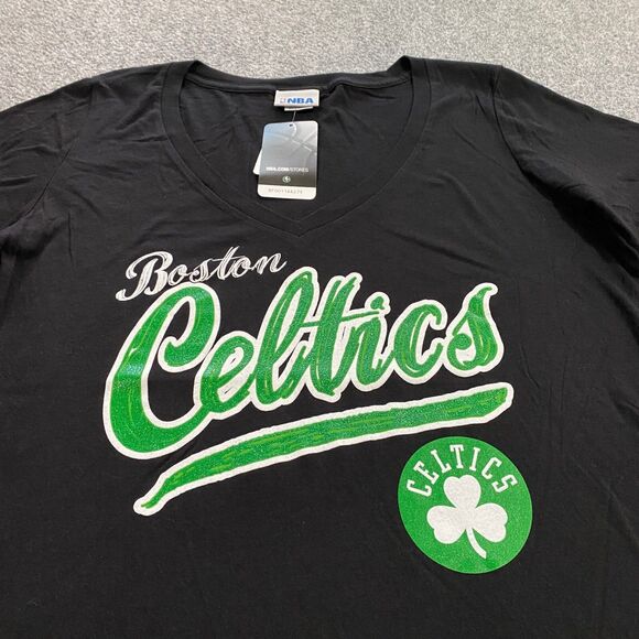Boston Celtics Glitter Logo V-Neck Shirt Womens Large Black NBA Basketball NWT - Picture 3 of 16